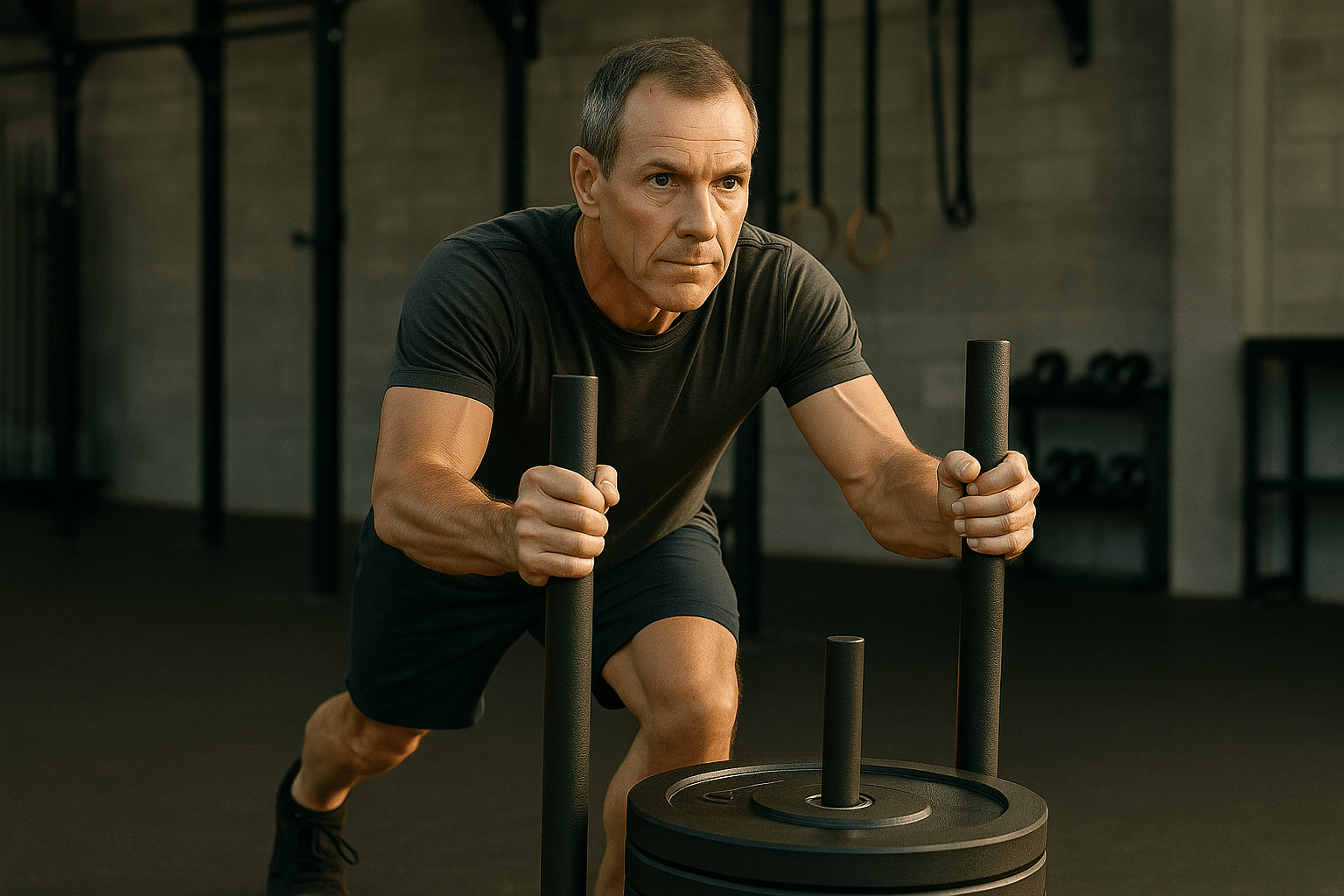 Middle-aged man pushing weighted sled in an indoor gym, demonstrating HYROX training for longevity and VO2 max optimization.